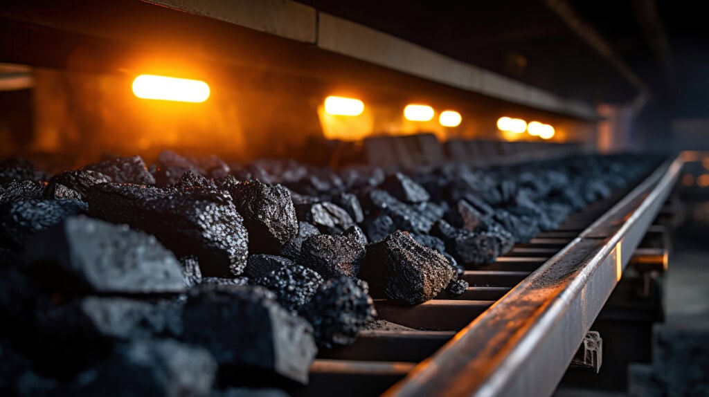 Coal on a conveyor belt in motion.